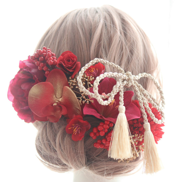 髪飾り 和婚 赤 胡蝶蘭 芍薬 薔薇 結婚式 ウェディング 卒業式 成人式