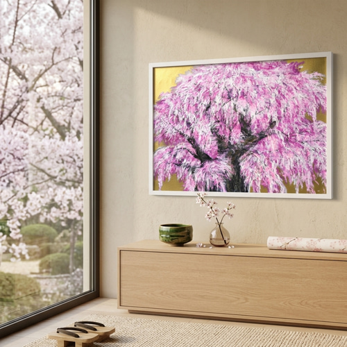 油絵/一点物】至福の輝き『黄金に輝く桜の大樹』 絵画 HR 通販