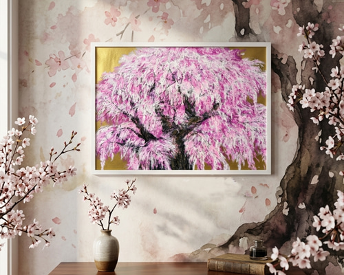 油絵/一点物】至福の輝き『黄金に輝く桜の大樹』 絵画 HR 通販