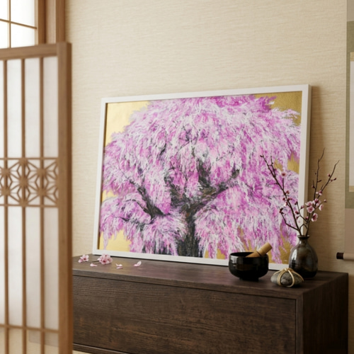 油絵/一点物】至福の輝き『黄金に輝く桜の大樹』 絵画 HR 通販