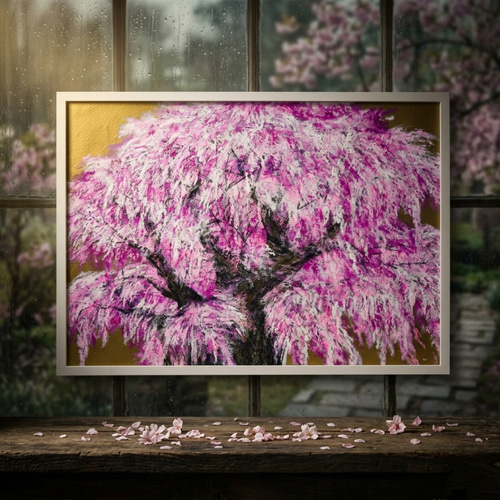 油絵/一点物】至福の輝き『黄金に輝く桜の大樹』 絵画 HR 通販