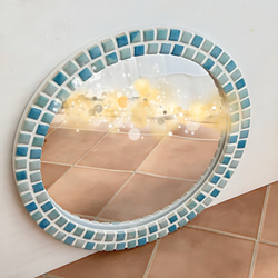 ぷっくりタイルのマーブル模様の鏡 ブルー＆ターコイズ 壁掛けウォール