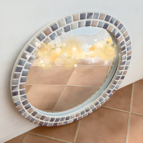 ぷっくりタイルのマーブル模様の鏡 パープル&ブルー 壁掛けウォール