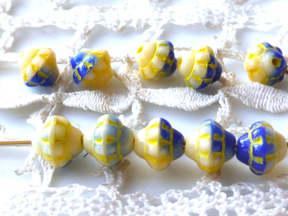 12 顆刺繡藍黃色捷克玻璃珠 第1張的照片