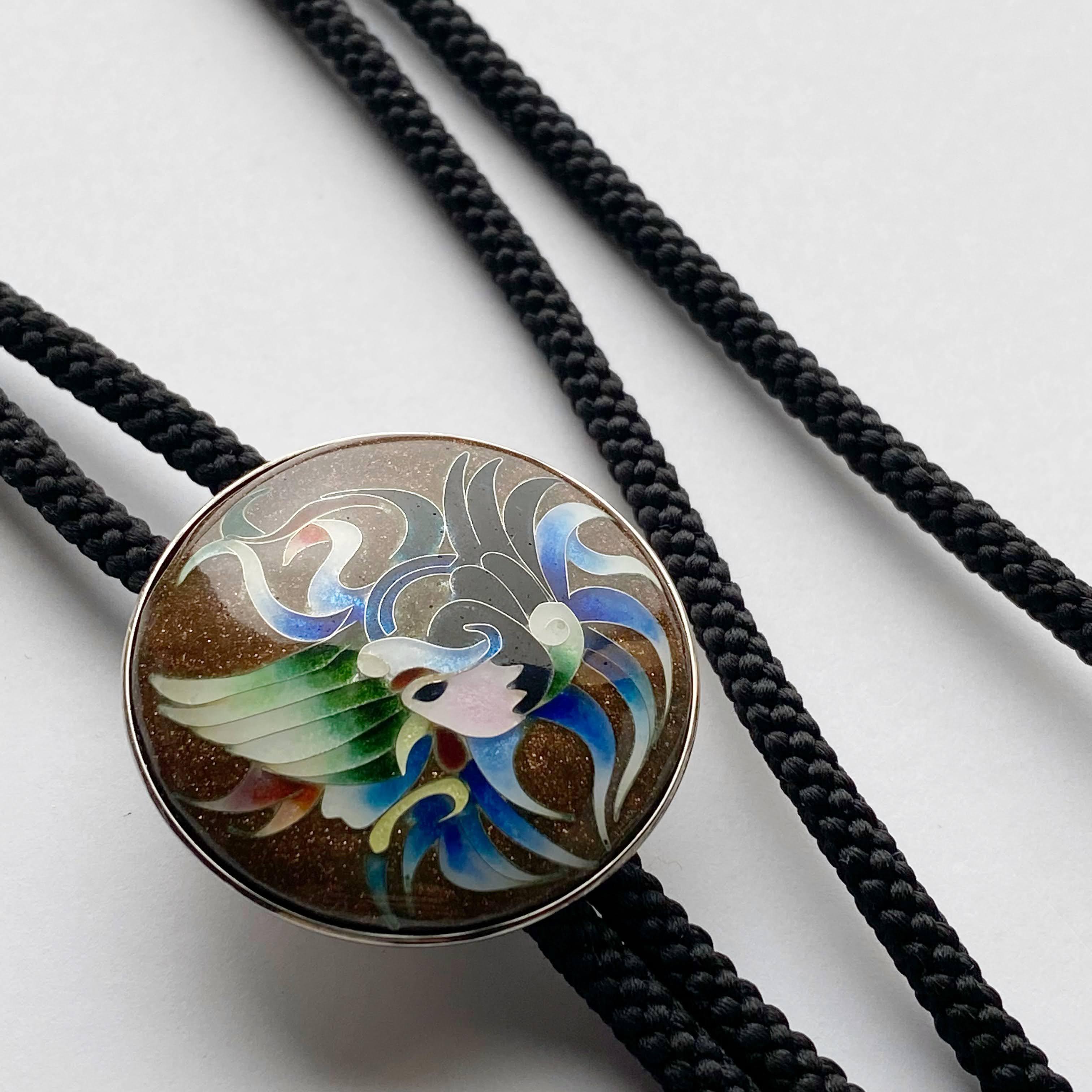 鳳凰 Brown 七宝焼ループタイ ボロタイ 純銀張有線七宝 シルク紐使用 Bolotie