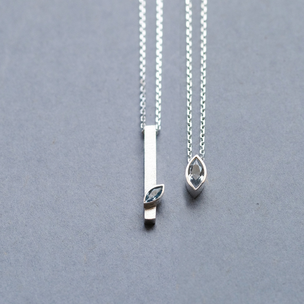 2コset) アクアマリン マーキス ペア ネックレス シルバー925