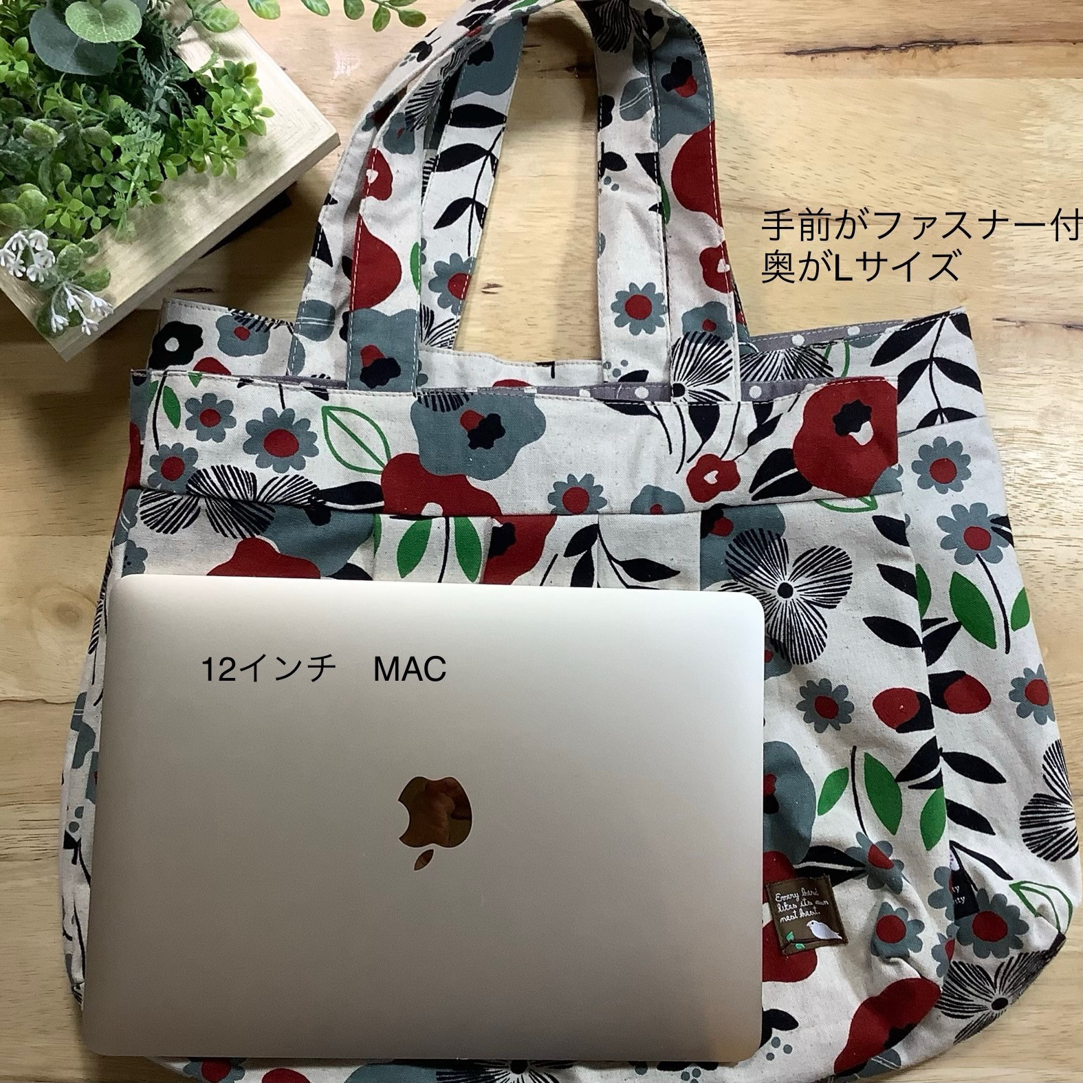 <ラスト1点再販なし>【Lサイズ】いろいろなお花　綿麻グラニーバッグ　グレー ＜A4サイズ入ります＞