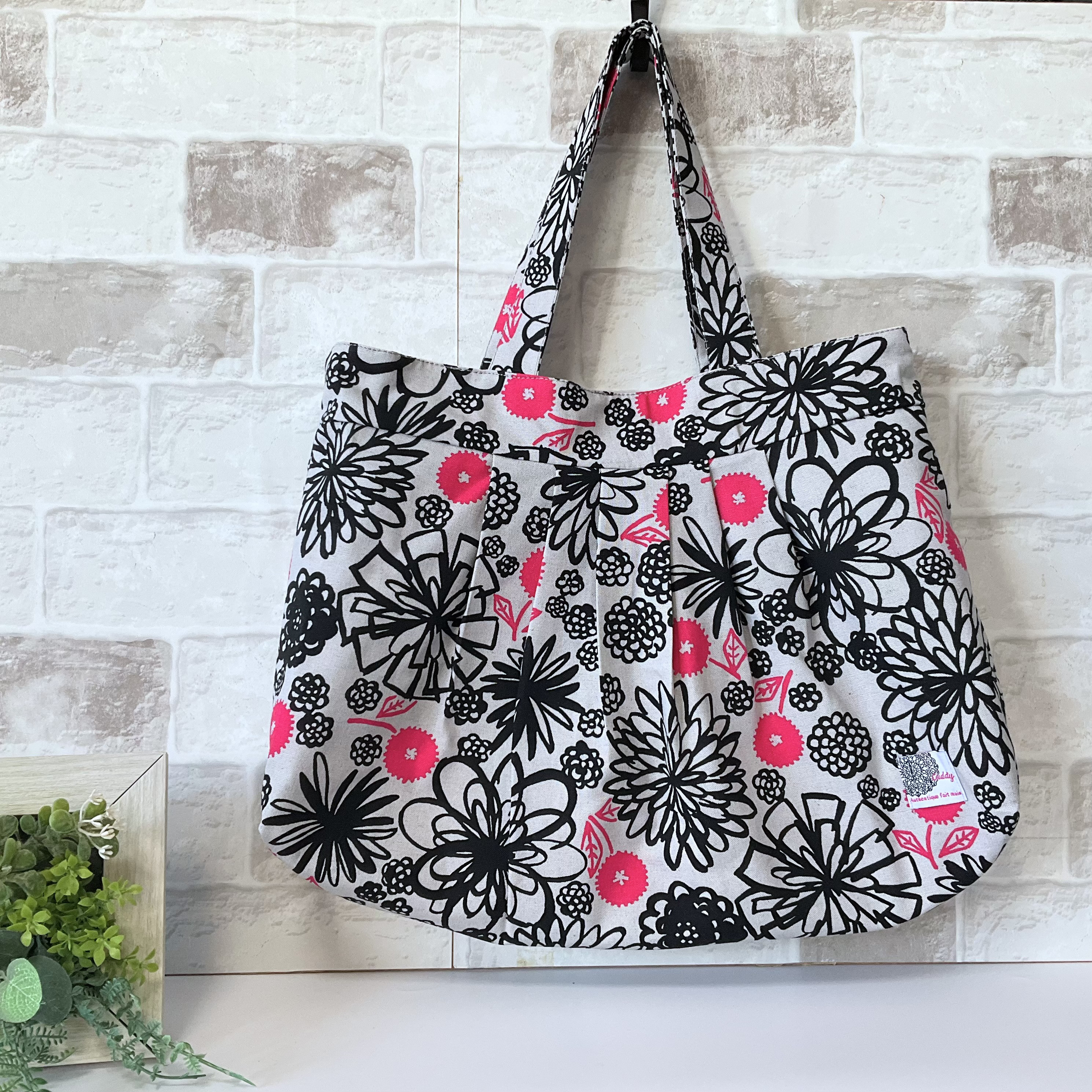 <ラスト1点再販なし>【Lサイズ】いろいろなお花　綿麻グラニーバッグ　グレー ＜A4サイズ入ります＞
