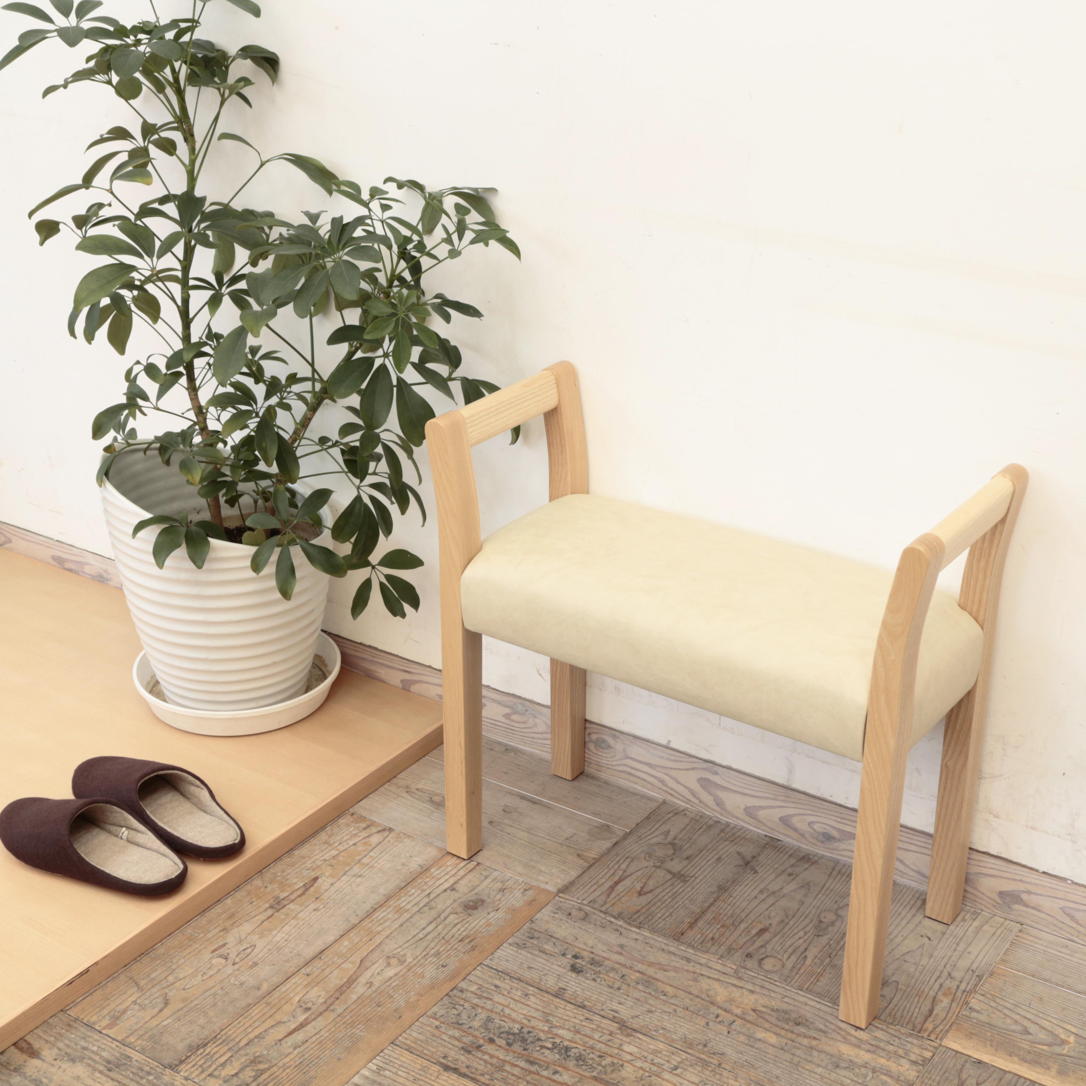 玄関スツール ダブルアーム  (ナチュラル×合成皮革アイボリー Ba-02)