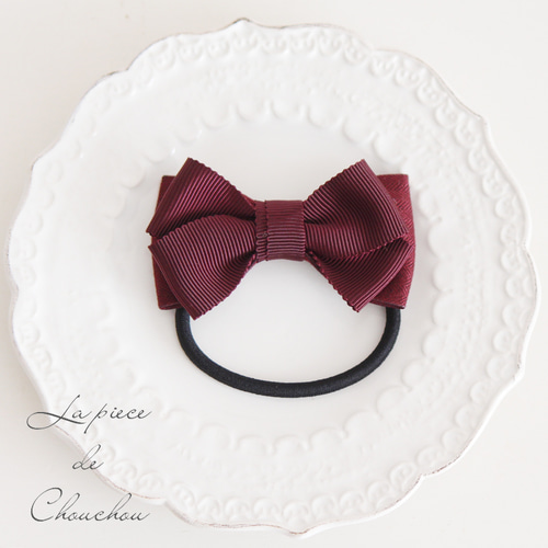 ボルドー】グログラン&ファブリックリボン ヘアアクセサリー ヘアゴム