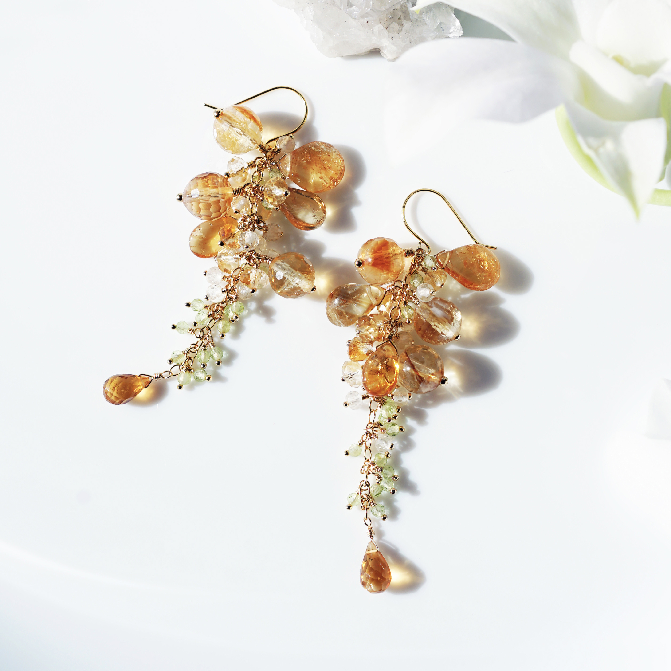 ☆シトリン・レモンクォーツとペリドットによるシャンデリアピアス・サージカルステンレス　～黄花藤