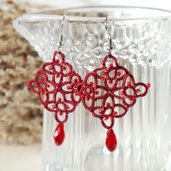 OYA Tatting lace earrings [RHOMBUS] Burgandy 第1張的照片