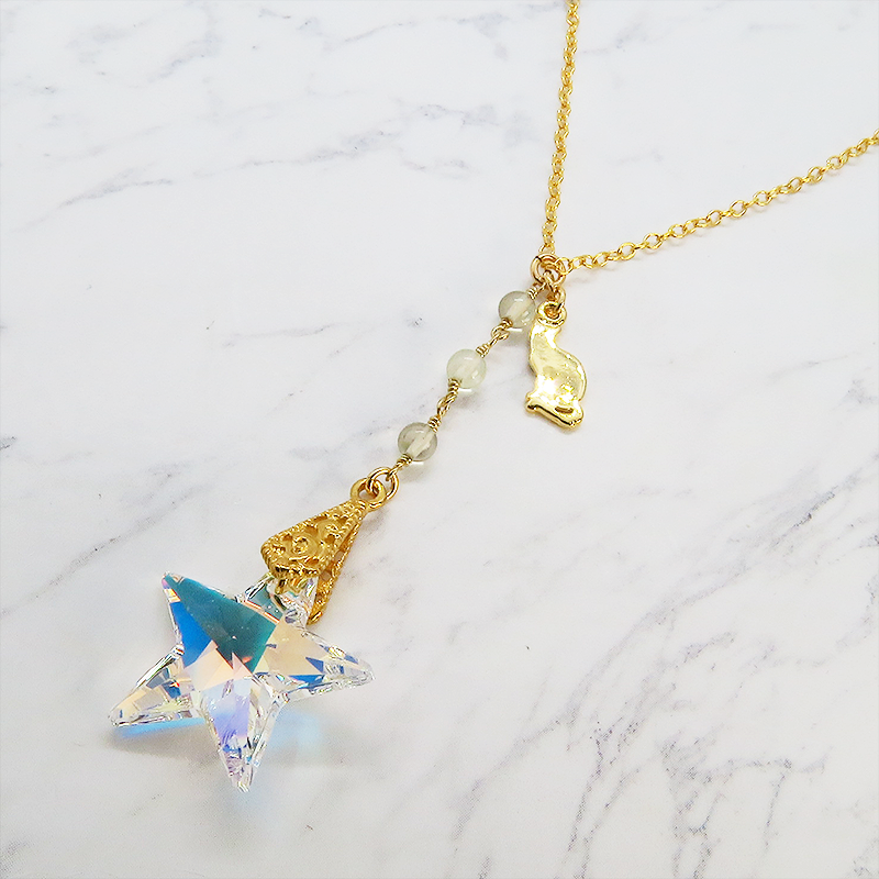 14KGF 猫モチーフネックレス 大粒星型スワロフスキー レモンクオーツ 14Kゴールドフィルド