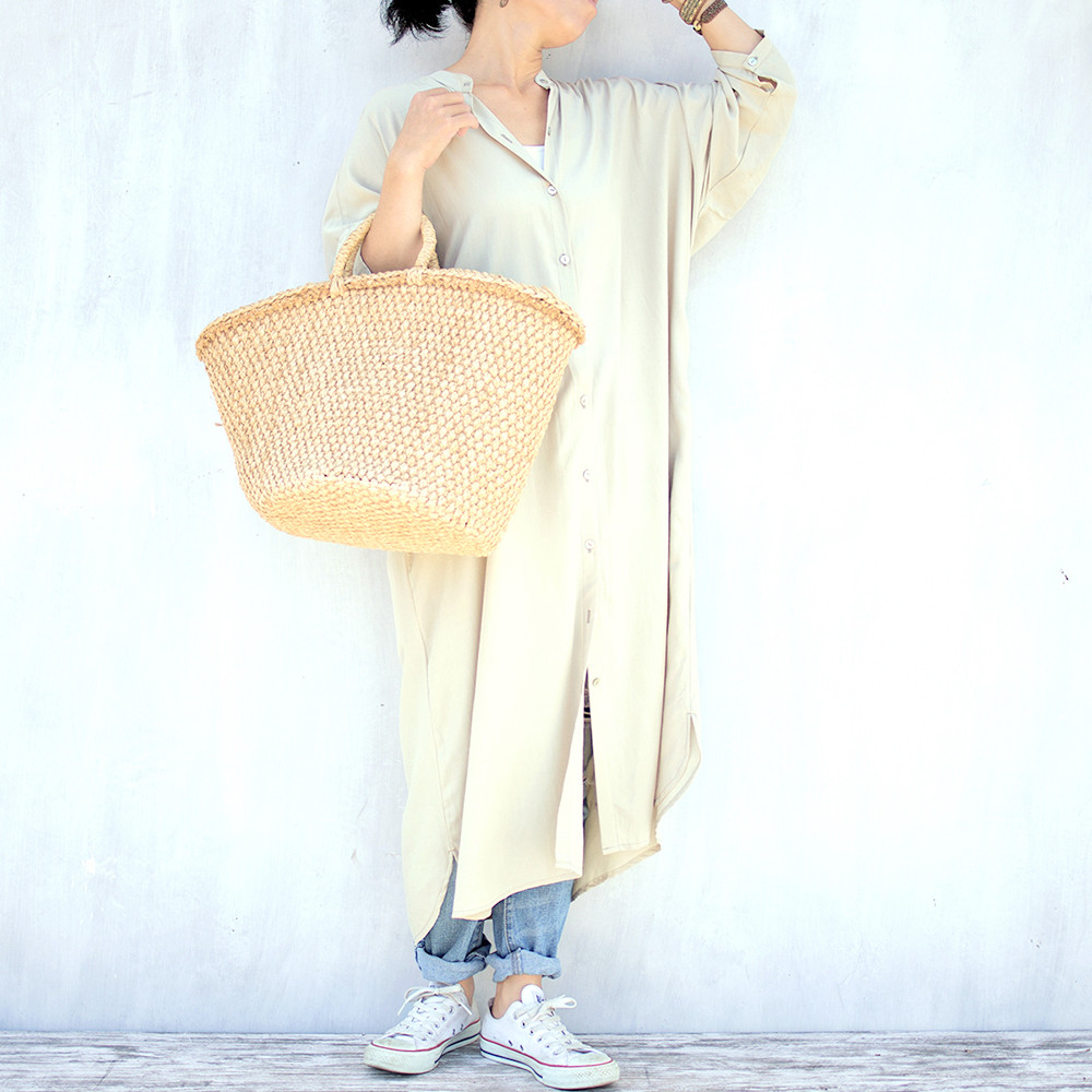 春シャツワンピ　レーヨンスタンドカラーシャツワンピース（ベージュ）