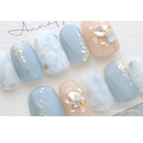くすみブルーのふんわり花柄ネイルチップ/サムシングブルーフォーマル