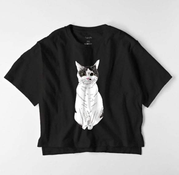 みーこ　おすわり　オーバーサイズTシャツ　猫　イラスト　ゆったり　ゆるかわ　白黒猫　保護猫　レディース 2枚目の画像