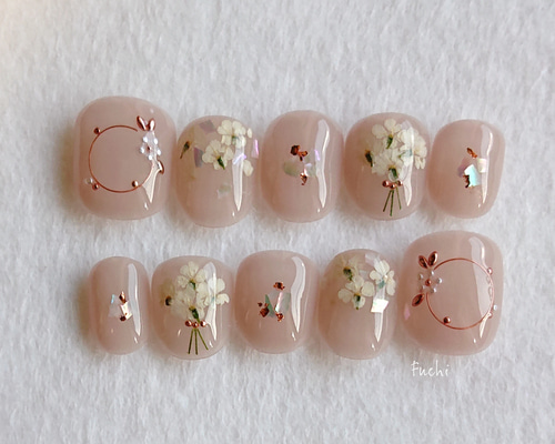 pink gold×flower nail * ピンクゴールド 押し花ネイル ブライダル
