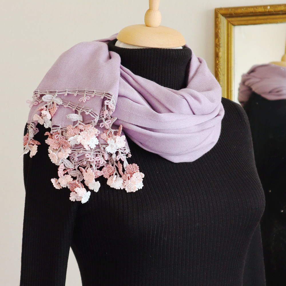 【受注制作】オヤレースの花付き パシュミナストール「風の花」アンティーク・モーブ