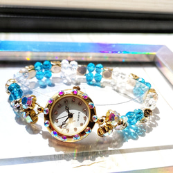 スカイブルーガラスビーズ編みの腕時計/水色ビーズ 8枚目の画像