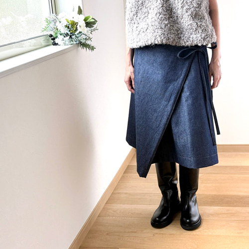 一番人気♪ 岡山デニムのラップスカート 金茶ステッチ ～お好きな丈で