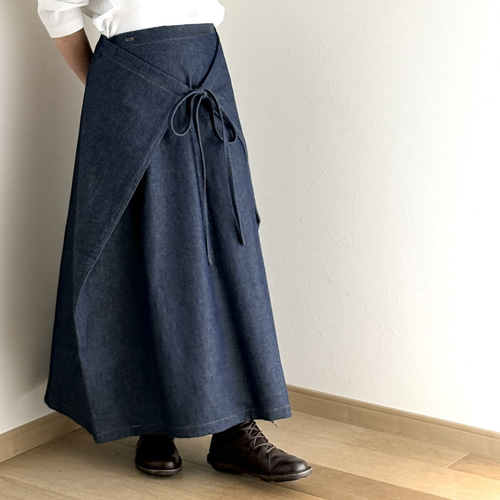 デニムラップスカート バックポケット付き 一番人気♪ 岡山デニムのラップスカート 金茶ステッチ ～お好きな丈で