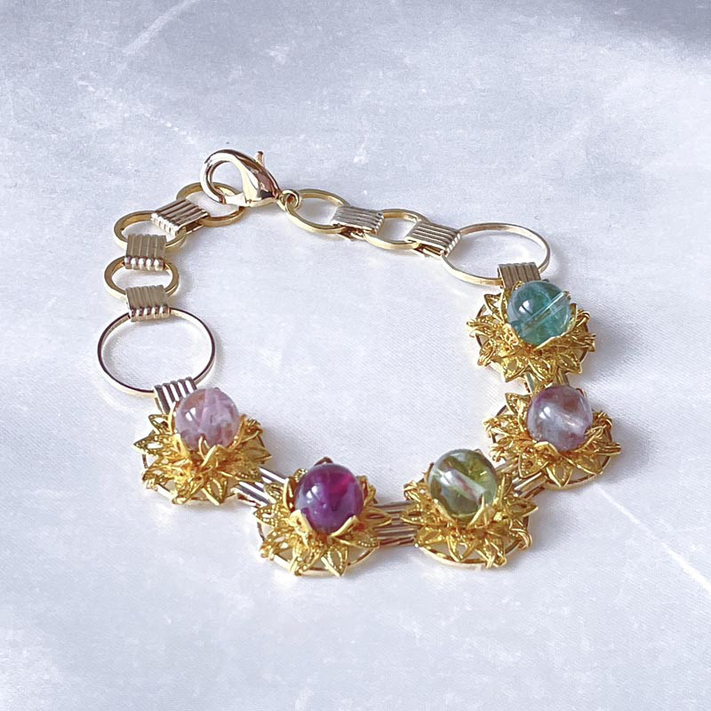フローライト 天然石 ブレスレット フラワー ビジュー バングル  花 ゴールド 大人 レディース 大ぶり