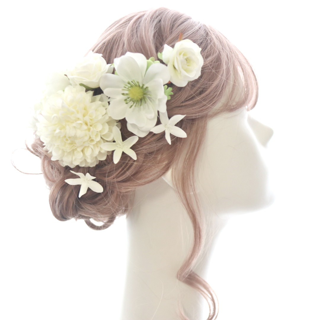ヘッドドレス　髪飾り　アネモネ　薔薇　ダリア　ホワイトフラワー　結婚式　ウェディング　ブライダル　ヘアパーツ
