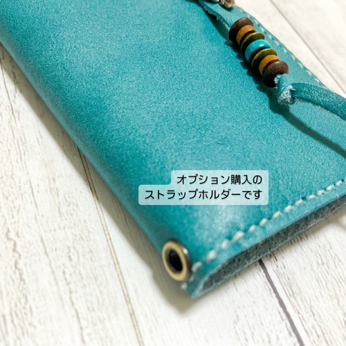 iPhoneケース レザークラフト ハンドメイド 二つ折り ターコイズ