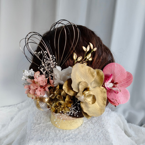 ピンクゴールドの水引髪飾り 成人式髪飾り 卒業式髪飾り 結婚式髪飾り