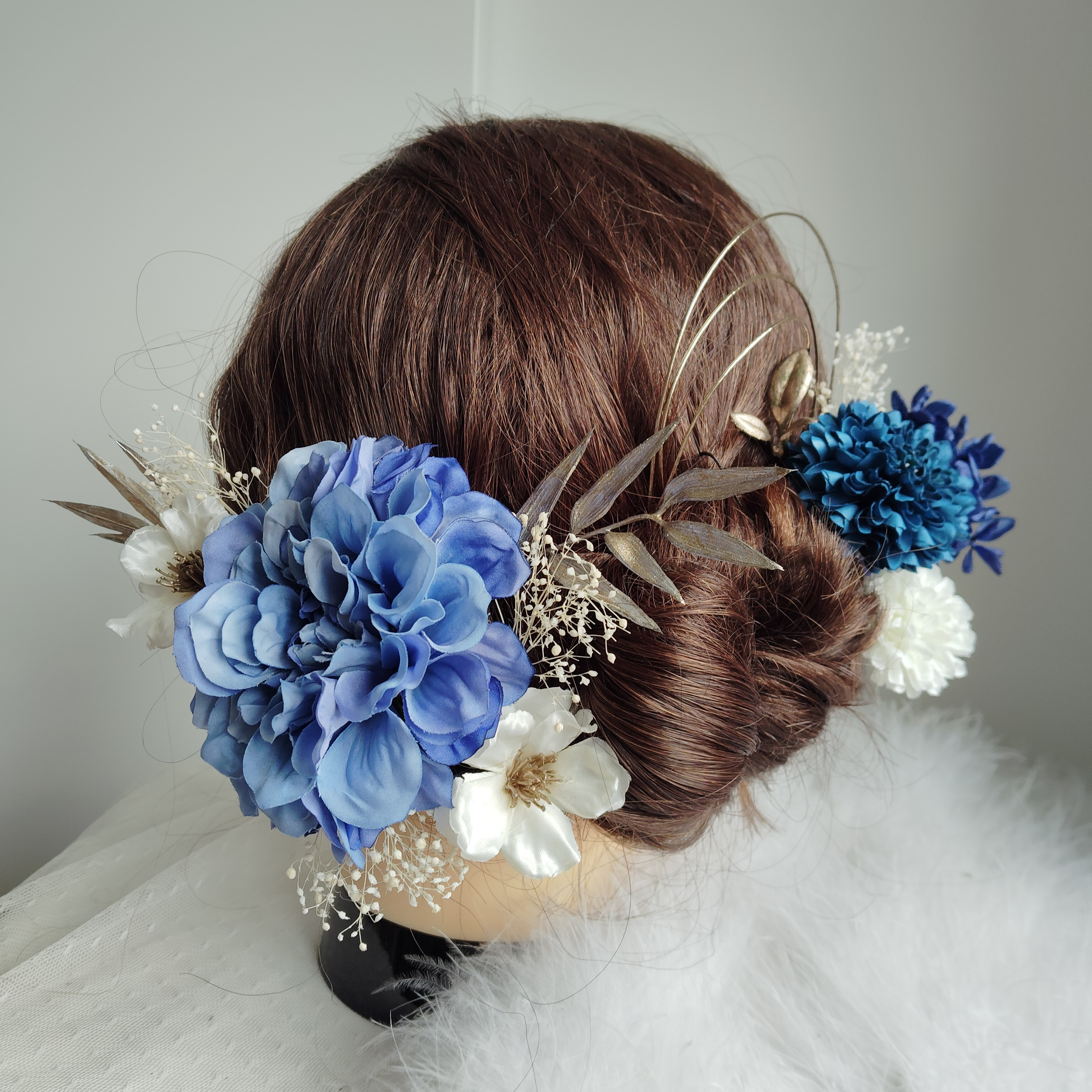 咲静＿＿上品ダリアと林檎の花の髪飾り　卒業式　成人式 　結婚式　髪飾り 　色打掛　振袖　袴　和装　青　紺色　ネイビー