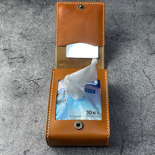 手縫】キャメル色本革ウエットティッシュケース（又は2個ポケット