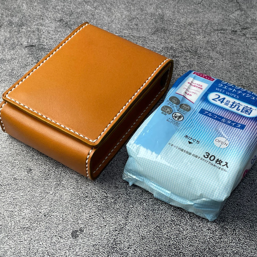 手縫】キャメル色本革ウエットティッシュケース（又は2個ポケット
