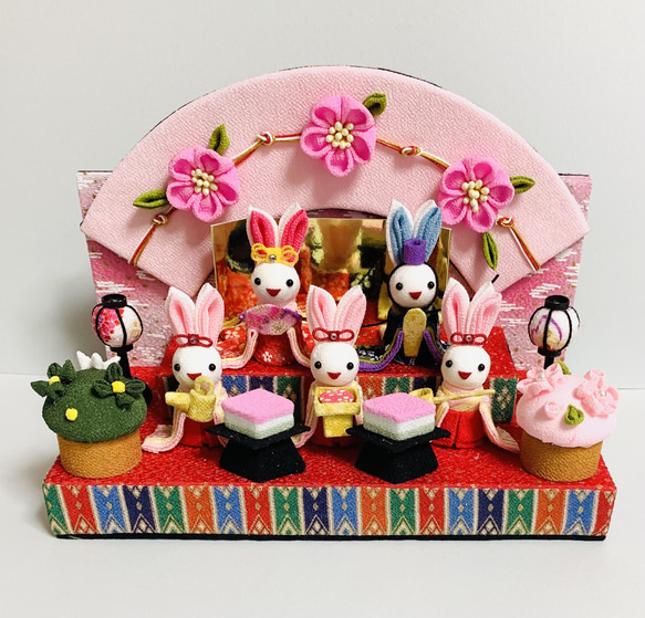 ちりめん細工「ほんわかピンクのひなまつり」置物 その他置物 黒ごま