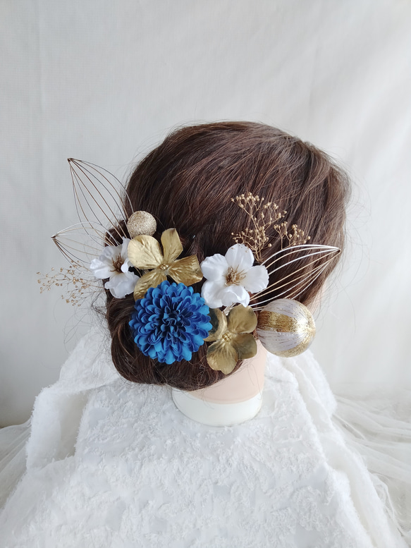 水引細工・鶴の羽と林檎の花の和装ヘアアクセ　着物ヘアアクセサリー　髪飾り　タイトシニヨン　シニヨンヘア　成人式　結婚式　 4枚目の画像