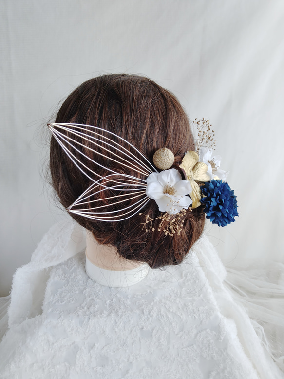 水引細工・鶴の羽と林檎の花の和装ヘアアクセ　着物ヘアアクセサリー　髪飾り　タイトシニヨン　シニヨンヘア　成人式　結婚式　 8枚目の画像