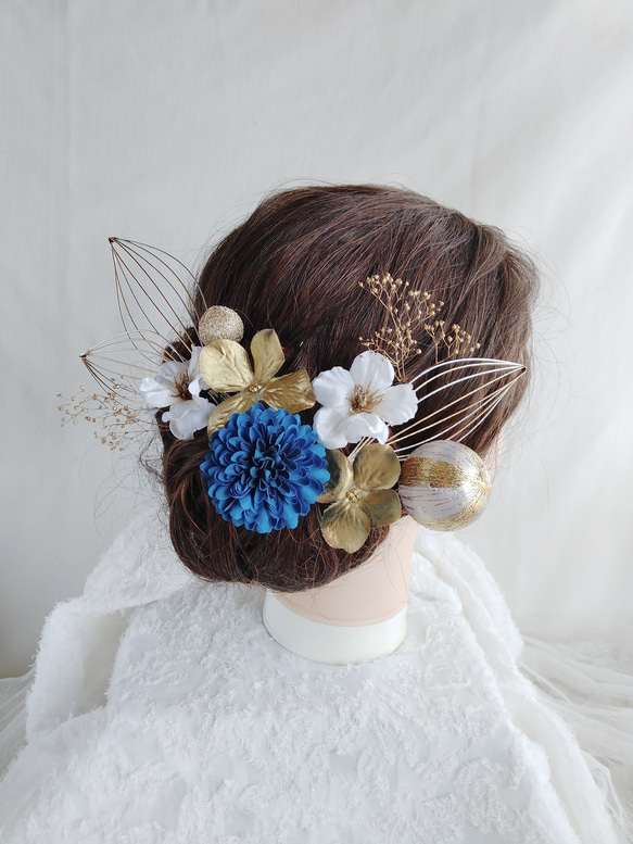 水引細工・鶴の羽と林檎の花の和装ヘアアクセ　着物ヘアアクセサリー　髪飾り　タイトシニヨン　シニヨンヘア　成人式　結婚式　 6枚目の画像