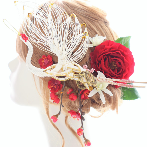 髪飾り　鶴　椿　水引　梅　蘭　紅白　結婚式　ウェディング　卒業式　成人式 ヘッドドレス　和婚　和装　振袖　着物 1枚目の画像