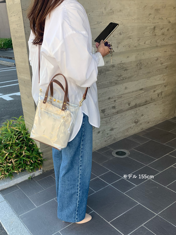 「大人のクリアバッグ」 2WAY 本革 クリアトートバッグ ブラウン 7枚目の画像