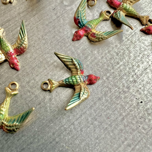 60s ヴィンテージ ハンドペイント鳥モチーフメタルチャームパーツ（2個