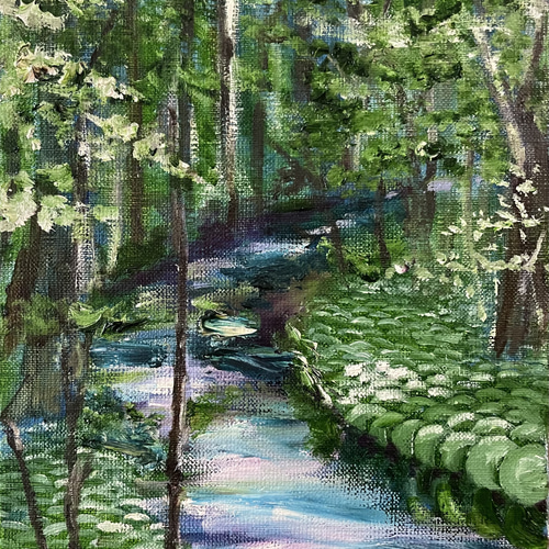 油彩画 油絵風景画 日本画 小川裕司 森の入口;輝くみどり 1991年