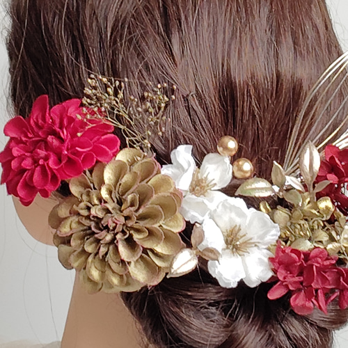 上品丸菊と林檎の花の髪飾り 白無垢 ゴールドベージュ 白金 水引 髪