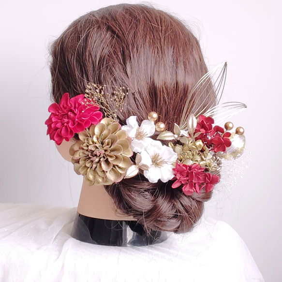 上品丸菊と林檎の花の髪飾り 白無垢 ゴールドベージュ 白金 水引 髪