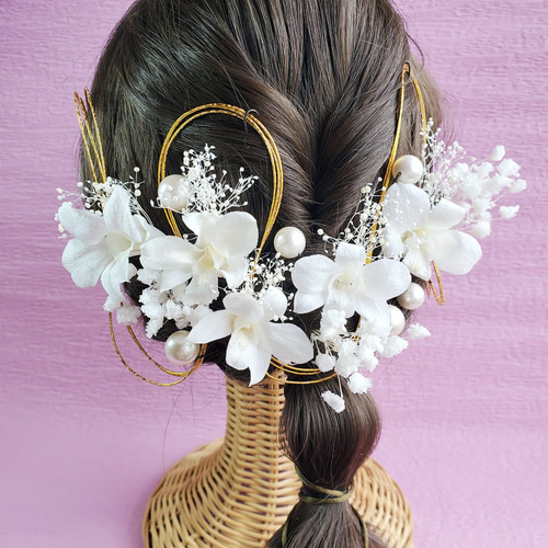 デンファレとカスミソウ 髪飾り プリザーブドフラワー ドライフラワー