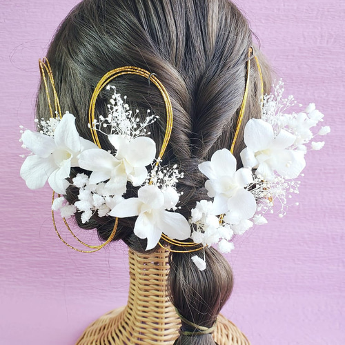 デンファレとカスミソウ 髪飾り プリザーブドフラワー ドライフラワー