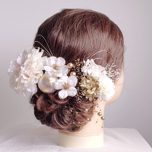 上品ダリアとパールシャワーの髪飾り 結婚式 成人式 卒業式 花嫁