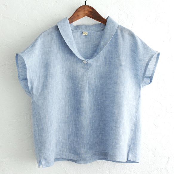 亞麻披肩領套頭衫（青年布/藍色）TP01。 第7張的照片