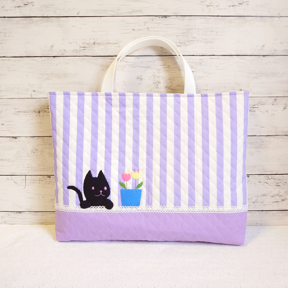 ハンドメイド⭐︎完成品⭐︎ネコちゃん　アップリケ　レッスンバッグ　上履き入れ　セット ほっこりねこちゃんのアップリケ レッスンバッグ/レッスンバッグ
