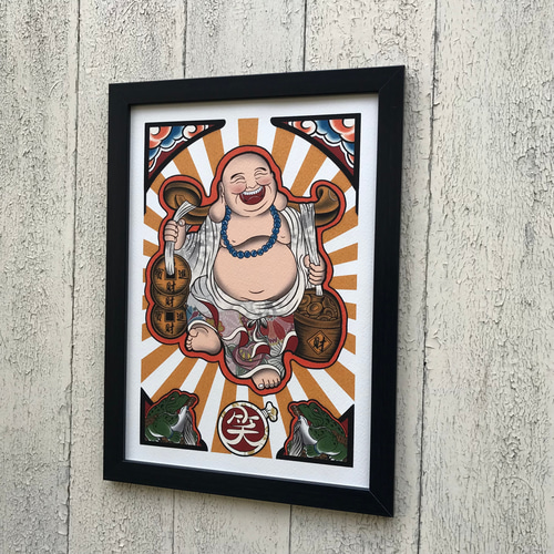 福の神様の絵(1枚サイン入り) 尾九 画 七福神 布袋尊 A4サイズ フレーム付き イラスト bbqcomic 尾九