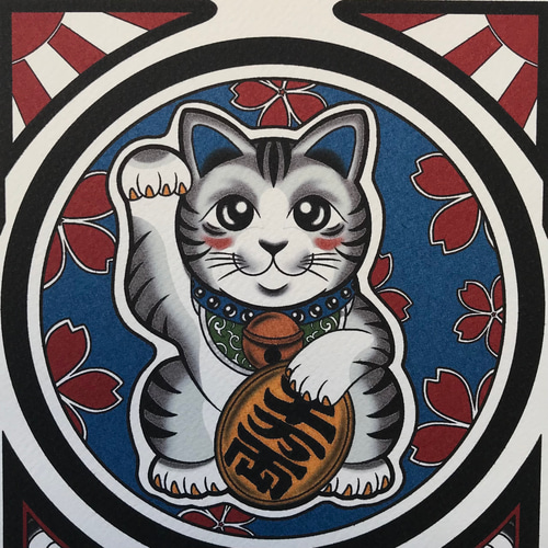 招き猫 サバトラ柄 縁起物イラスト A4サイズ フレーム付き｜尾九