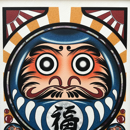 尾九 画 青福ダルマ 七転び八起き A4サイズ フレーム付き